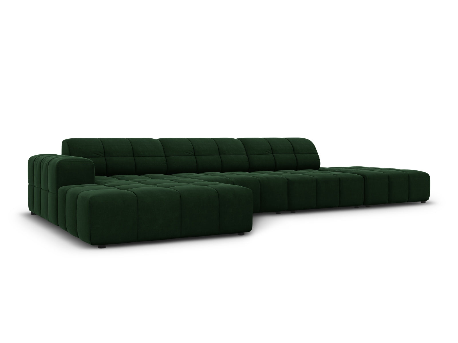 Elegantes Chicago Velour Ecksofa links, 5 Sitzer in Bottle Green-Bluvel, ideal für stilvolle Wohnräume.