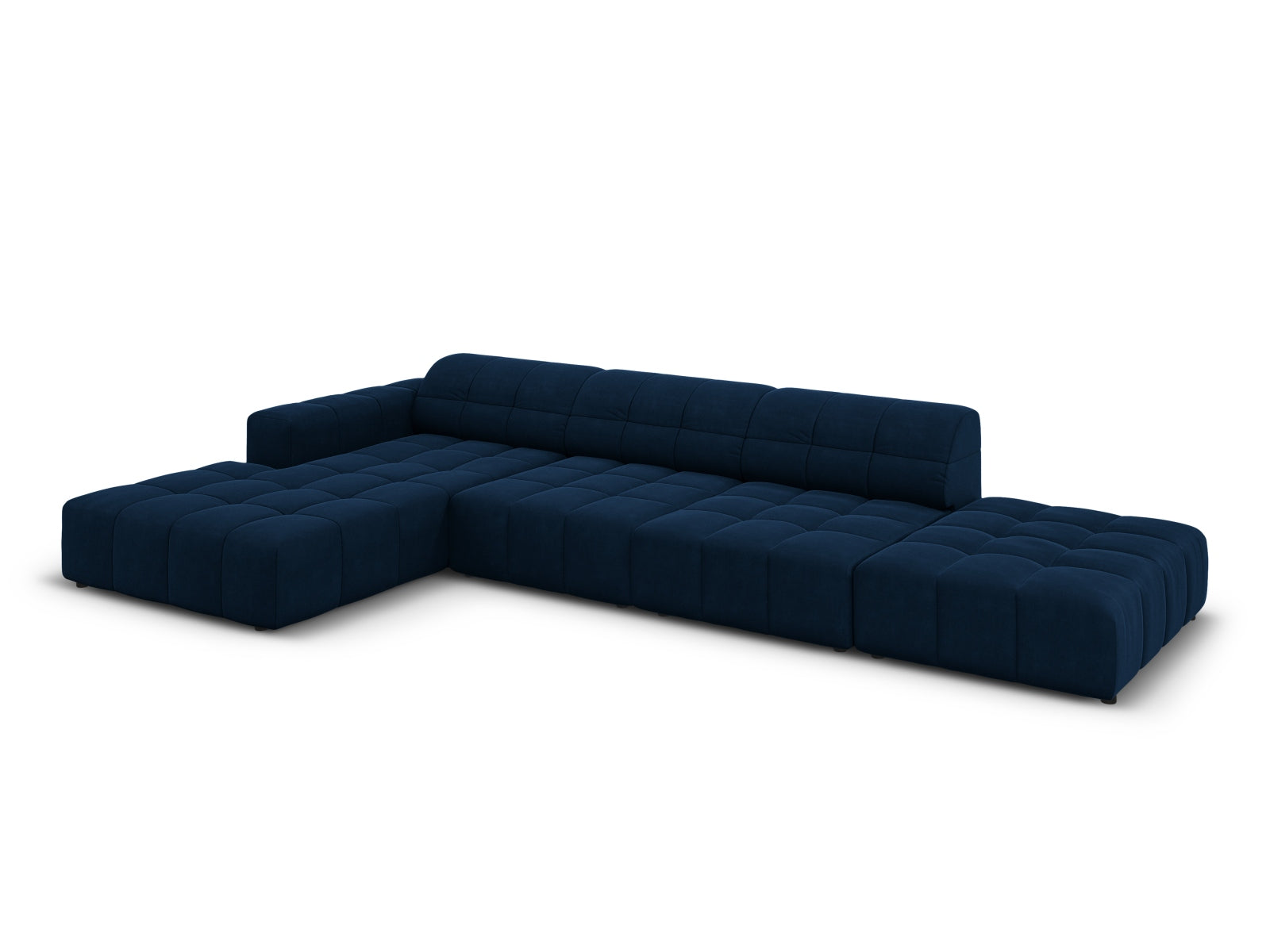 Modernes 5-Sitzer Ecksofa in Royal Blue aus Velours, linksseitig, perfekt für gemütliche und stilvolle Wohnzimmergestaltung.