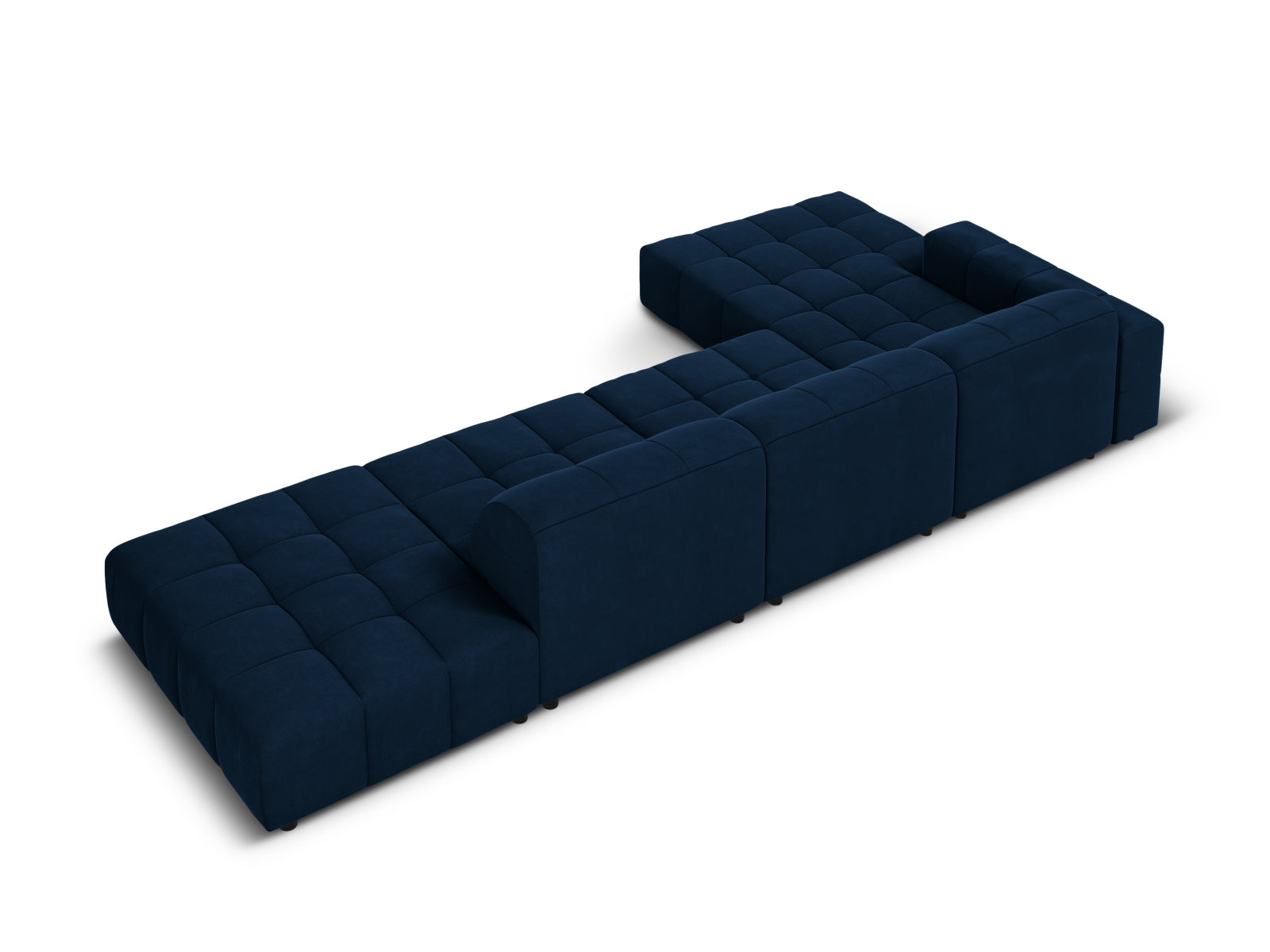 Elegantes 5-Sitzer Velours Ecksofa in Royalblau, linksseitig, ideal für stilvolle und komfortable Wohnräume.