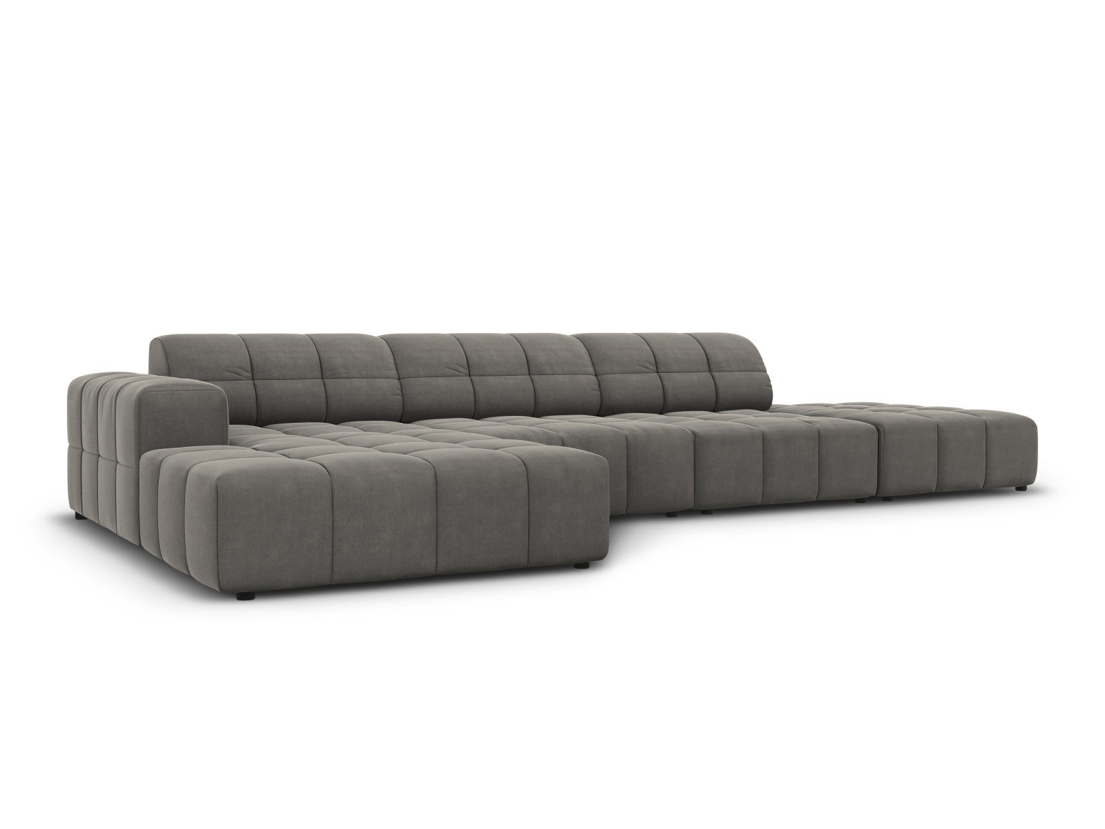 Elegantes Chicago Velour Ecksofa links, 5 Sitzer, 166cm in sanftem Light Grey-Bluvel, ideal für stilvolle Wohnräume.