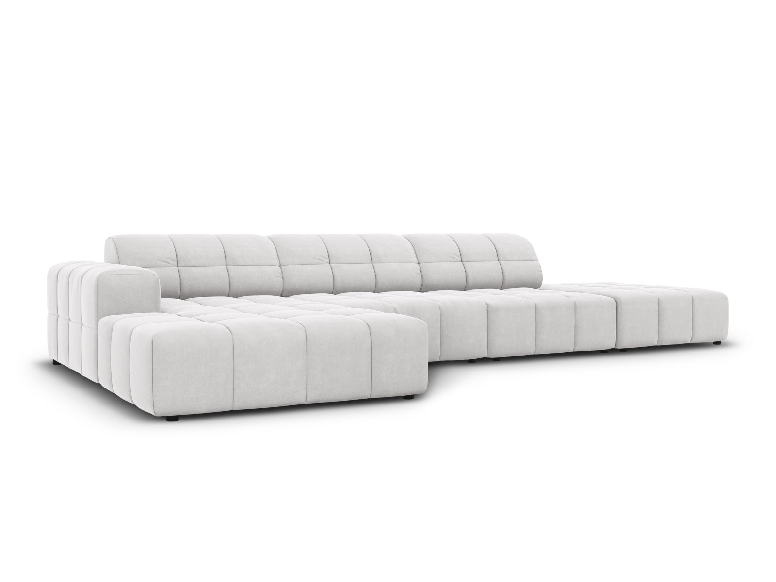 Elegantes Chicago Velour Ecksofa links, 5 Sitzer, 166cm in stilvollem Silver-Bluvel, ideal für moderne Wohnräume.