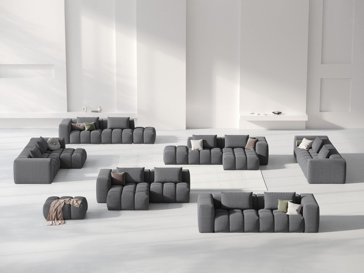 Modulares Ecksofa Verona links mit 3 Sitzplätzen in dunkelblauem Sorella-Stoff, Massivholzrahmen und schwarzen Kunststoffbeinen, Récamiere-Form.
