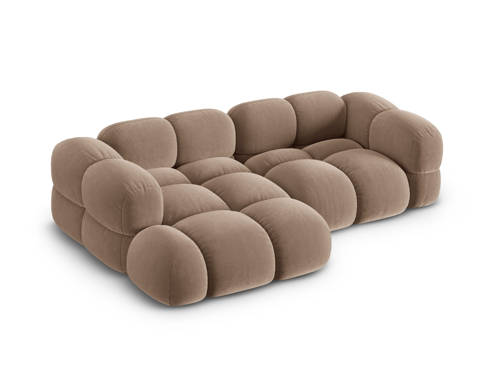 Elegantes Loretto Velour Ecksofa links in luxuriösem Dunkelbeige, ideal für stilvolle Wohnräume und zeitgemäße Inneneinrichtung.
