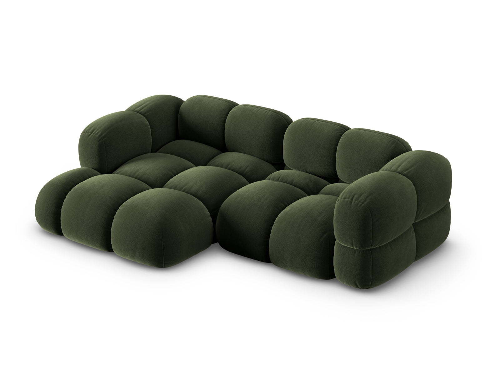 Modernes Loretto Velour Ecksofa in sattem Grün, 3-Sitzer, linksseitig, perfekt für gemütliche und stilvolle Wohnambiente.
