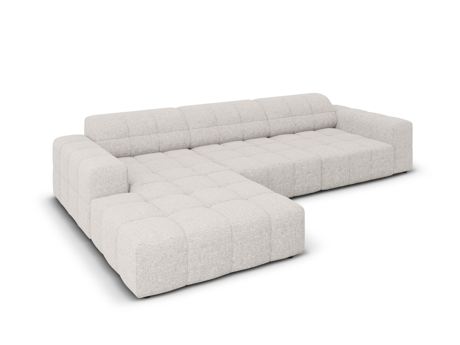 Elegantes Chicago Ecksofa links, 4-Sitzer in sanftem Grau, perfekt für zeitgemäße Wohnkonzepte, angeboten von Cosmopolitan Design.