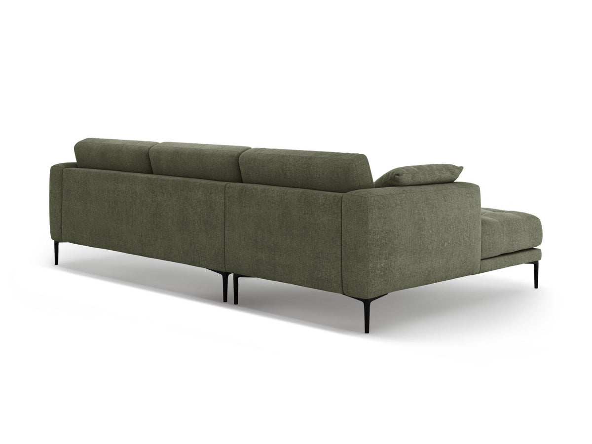 Beiges Ecksofa Lazio mit Récamiere links, Strukturstoff Sorella, schwarze Metallbeine, Massivholzrahmen, moderne Wohnzimmercouch.
