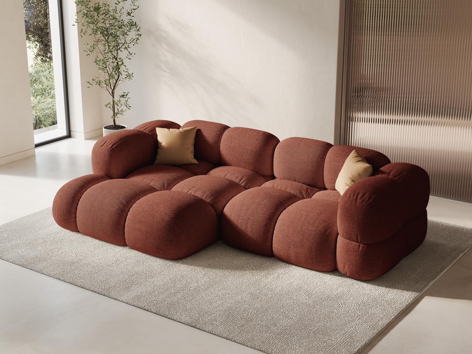 Stylisches Loretto Ecksofa links, 3-Sitzer in Coral-Sorella, ideal für moderne Wohnräume, präsentiert von Cosmopolitan Design.