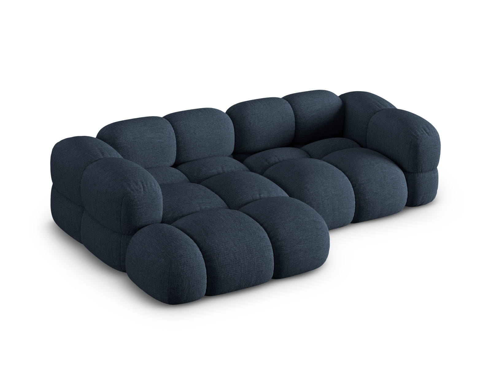 Elegantes Loretto Ecksofa links in dunklem Blau, 3-Sitzer mit 147 cm, ideal für stilvolle und komfortable Wohnräume von Cosmopolitan Design.