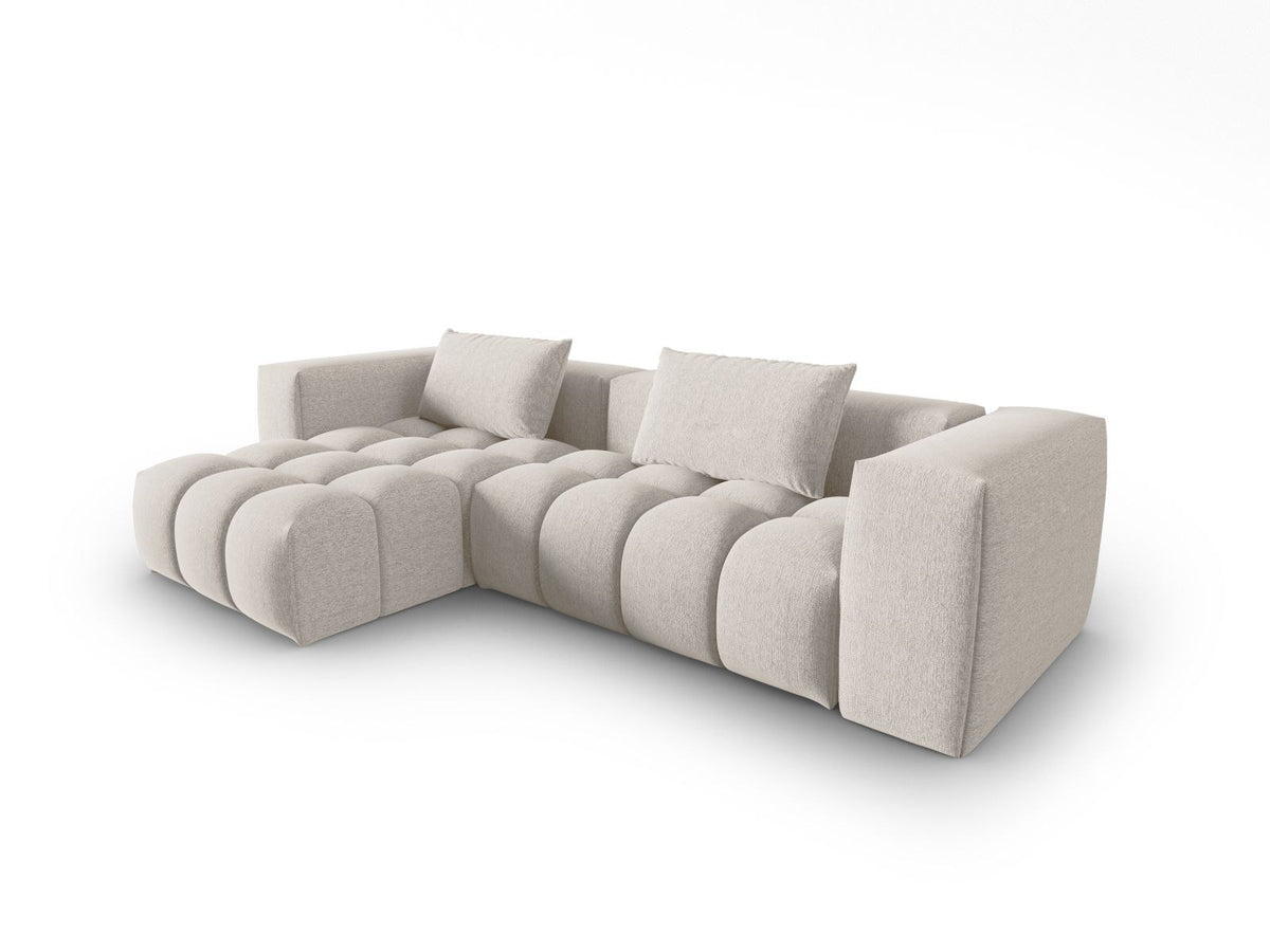 Modulares Ecksofa Verona links mit 3 Sitzplätzen in dunkelblauem Sorella-Stoff, Massivholzrahmen und schwarzen Kunststoffbeinen, Récamiere-Form.