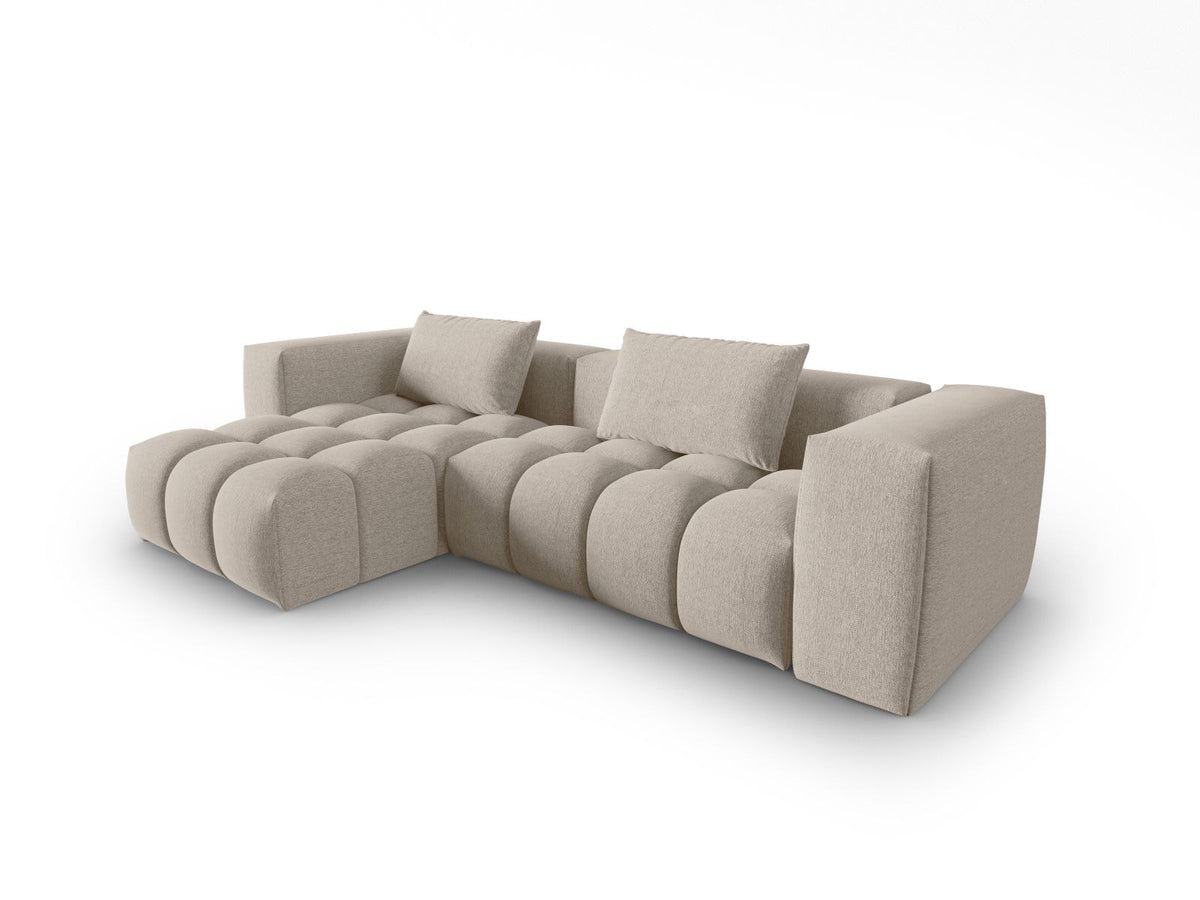 Modulares Ecksofa Verona links mit 3 Sitzplätzen in dunkelblauem Sorella-Stoff, Massivholzrahmen und schwarzen Kunststoffbeinen, Récamiere-Form.
