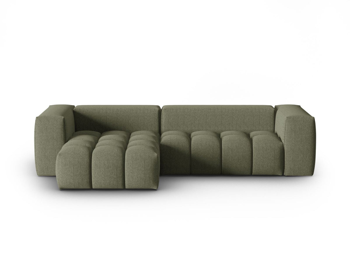 Modulares Ecksofa Verona links mit 3 Sitzplätzen in dunkelblauem Sorella-Stoff, Massivholzrahmen und schwarzen Kunststoffbeinen, Récamiere-Form.