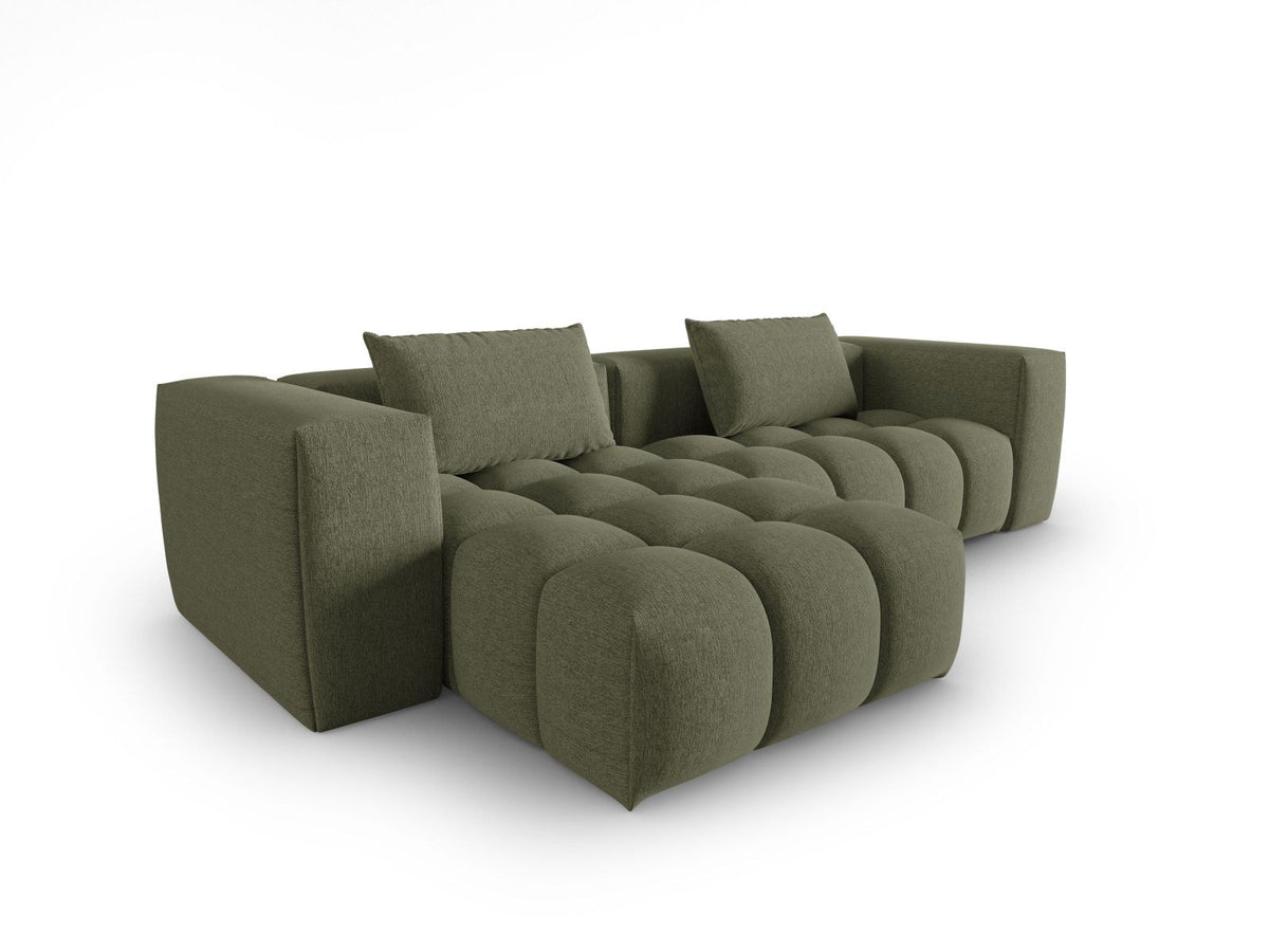 Modulares Ecksofa Verona links mit 3 Sitzplätzen in dunkelblauem Sorella-Stoff, Massivholzrahmen und schwarzen Kunststoffbeinen, Récamiere-Form.