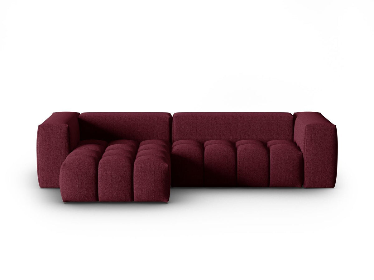 Modulares Ecksofa Verona links mit 3 Sitzplätzen in dunkelblauem Sorella-Stoff, Massivholzrahmen und schwarzen Kunststoffbeinen, Récamiere-Form.