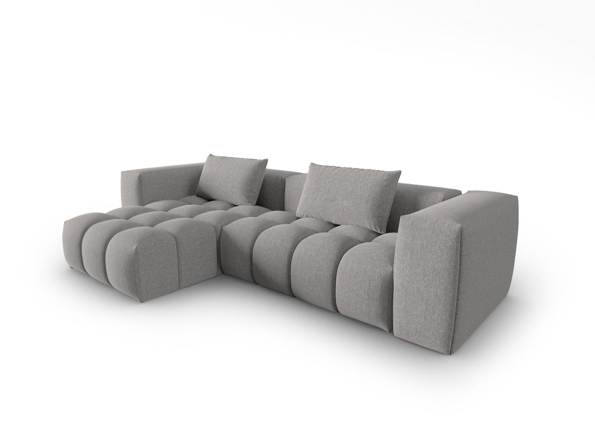 Modulares Ecksofa Verona links mit 3 Sitzplätzen in dunkelblauem Sorella-Stoff, Massivholzrahmen und schwarzen Kunststoffbeinen, Récamiere-Form.