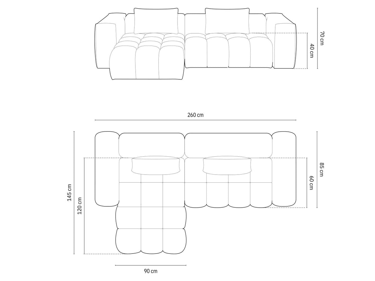 Modulares Ecksofa Verona links mit 3 Sitzplätzen in dunkelblauem Sorella-Stoff, Massivholzrahmen und schwarzen Kunststoffbeinen, Récamiere-Form.