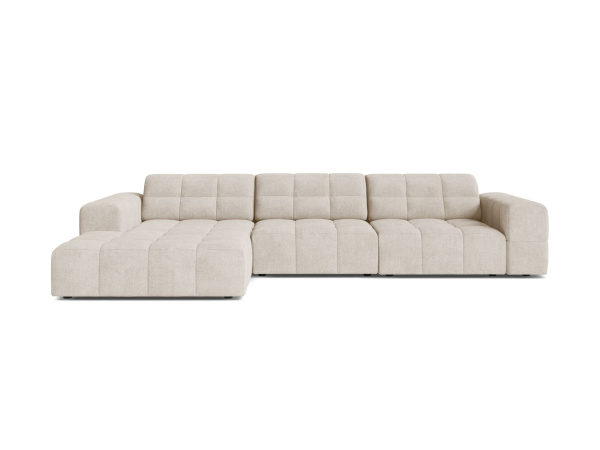 Ecksofa links Chicago in Light Beige mit Eden-Stoff, Massivholzrahmen, Kunststoffbeinen und Récamiere, Cosmopolitan Design