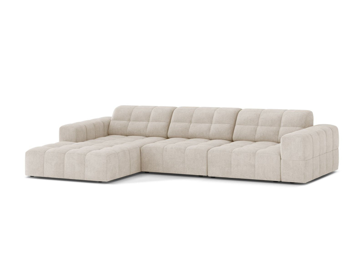 Ecksofa links Chicago in Light Beige mit Eden-Stoff, Massivholzrahmen, Kunststoffbeinen und Récamiere, Cosmopolitan Design