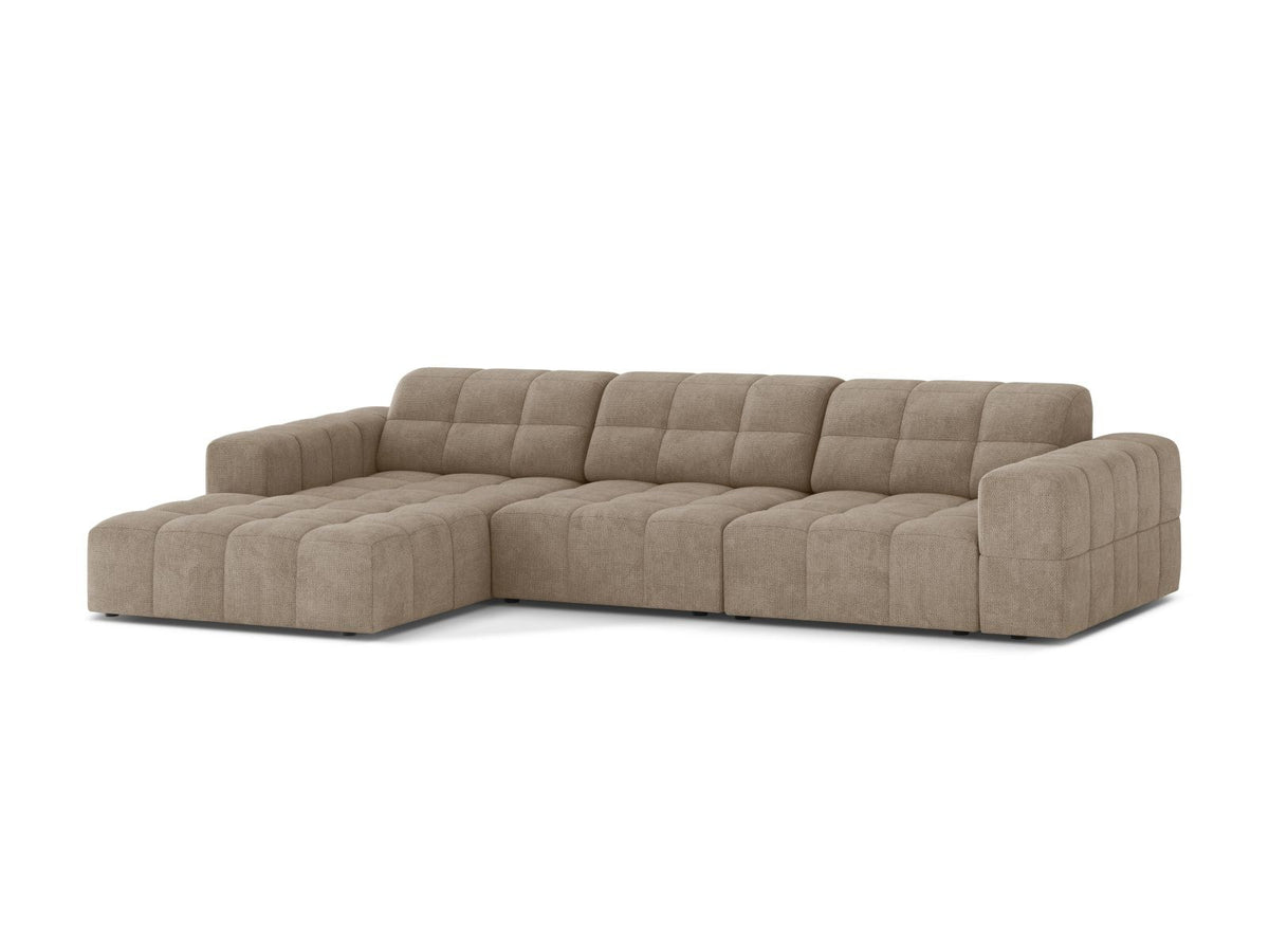 Ecksofa links Chicago in Light Beige mit Eden-Stoff, Massivholzrahmen, Kunststoffbeinen und Récamiere, Cosmopolitan Design