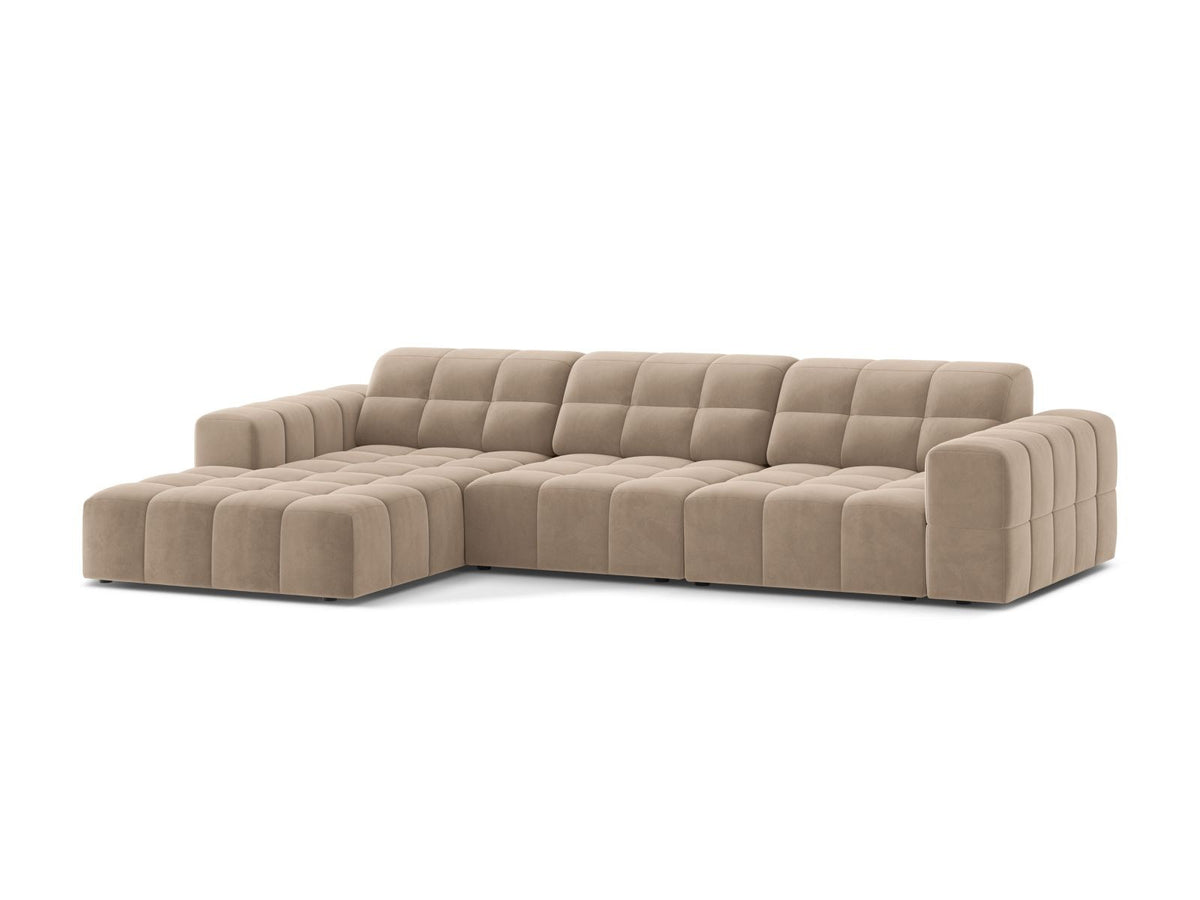 Ecksofa links Chicago von Cosmopolitan Design in Light Beige-Venus Samtvelours, Holzrahmen, Récamiere links, Kunststoffbeine schwarz.
