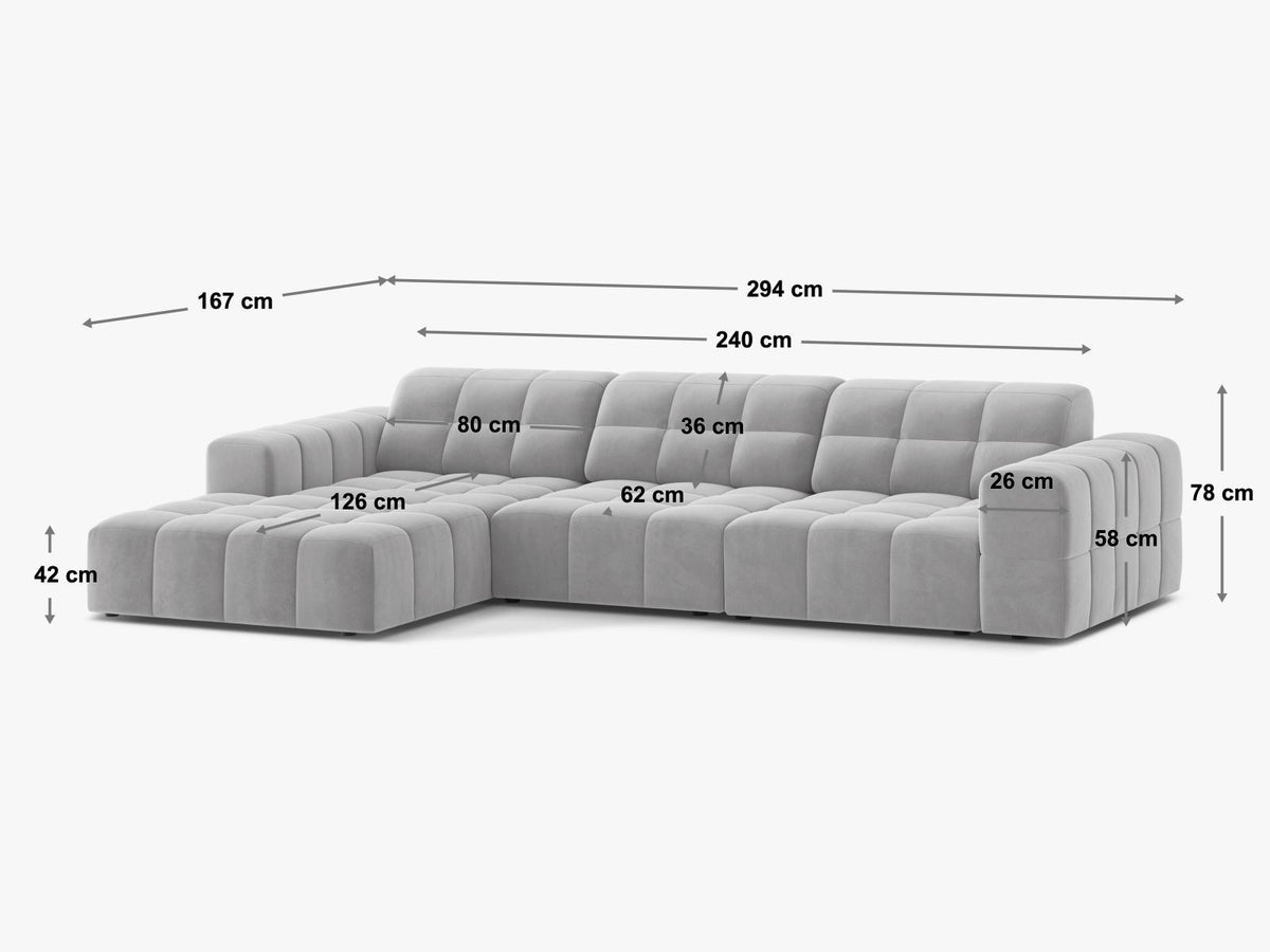 Ecksofa links Chicago von Cosmopolitan Design in Light Beige-Venus Samtvelours, Holzrahmen, Récamiere links, Kunststoffbeine schwarz.