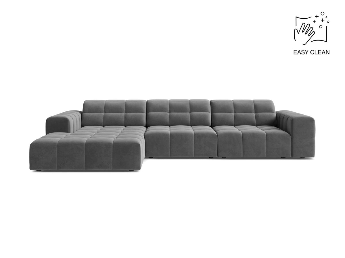 Ecksofa links Chicago von Cosmopolitan Design in Light Beige-Venus Samtvelours, Holzrahmen, Récamiere links, Kunststoffbeine schwarz.