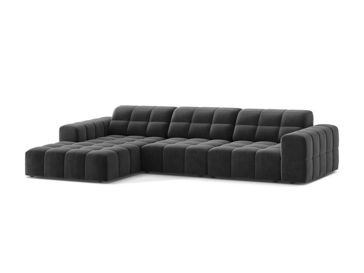 Ecksofa links Chicago von Cosmopolitan Design in Light Beige-Venus Samtvelours, Holzrahmen, Récamiere links, Kunststoffbeine schwarz.