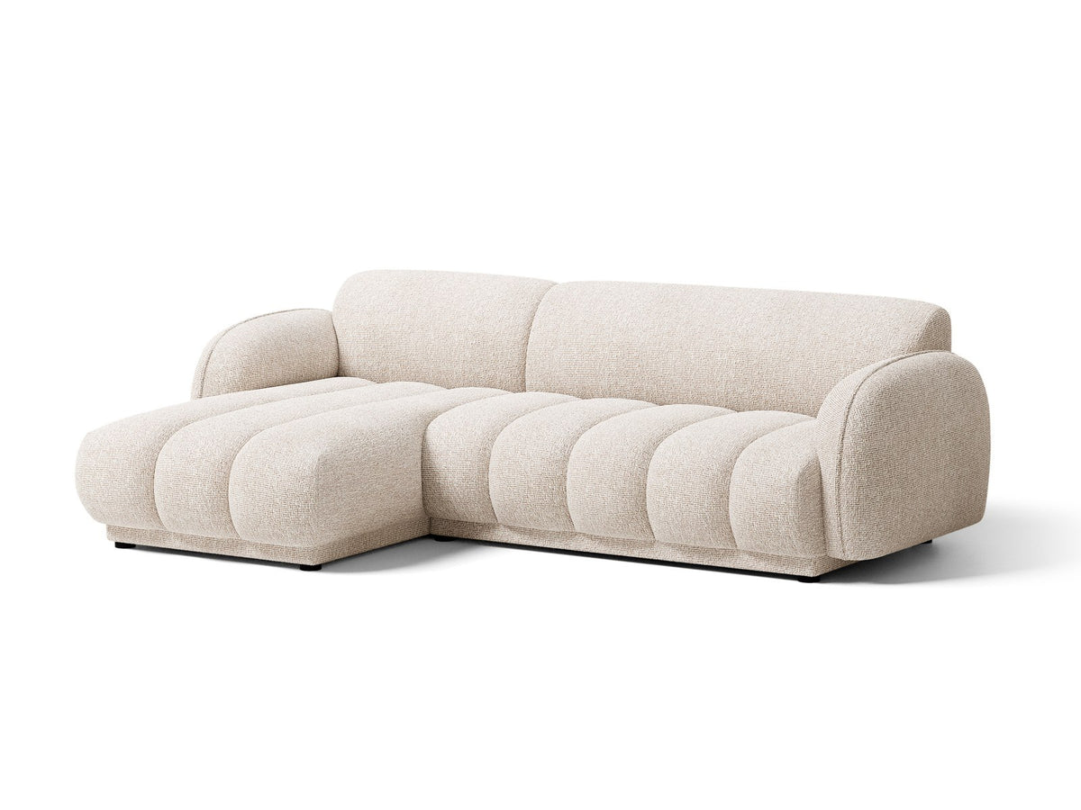 Beige-meliertes Boucle-Ecksofa links mit Récamiere, Massivholzrahmen und schwarzen Kunststoffbeinen, Cosmopolitan Design Bilbao Serie.