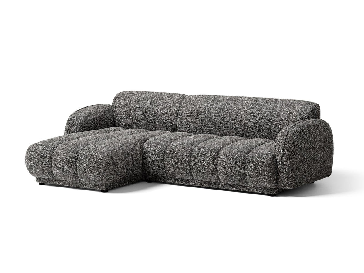 Beige-meliertes Boucle-Ecksofa links mit Récamiere, Massivholzrahmen und schwarzen Kunststoffbeinen, Cosmopolitan Design Bilbao Serie.