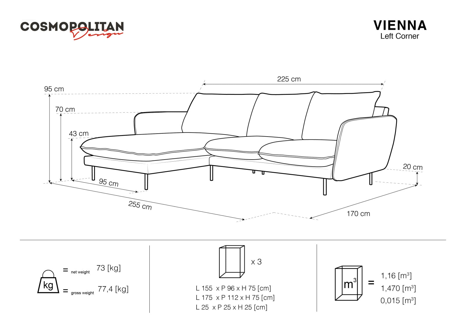 Entdecken Sie das elegante Vienna Velour Ecksofa links 5 Sitzer 170cm von Cosmopolitan Design – stilvoll, komfortabel und ideal für Ihr Wohnzimmer.