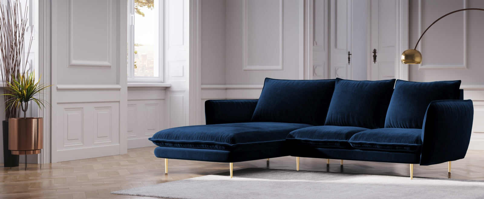 Entdecken Sie das elegante Vienna Velour Ecksofa links 5 Sitzer 170cm von Cosmopolitan Design – stilvoll, komfortabel und perfekt für Ihr Wohnzimmer!