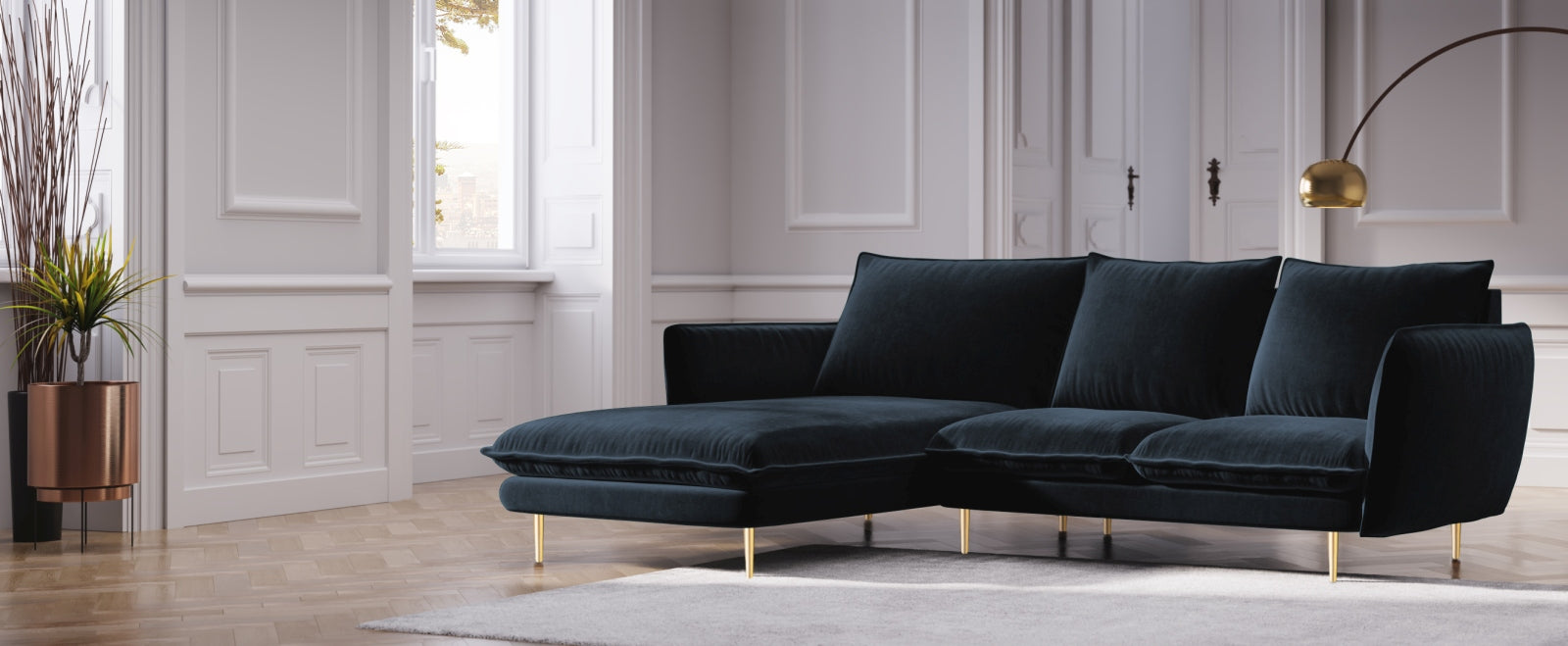 Vienna Velour Ecksofa links 5 Sitzer 170cm in Dark Blue/Gold präsentiert im Onlineshop von KAQTU Design AG. Ecksofa links ist von Cosmopolitan Design