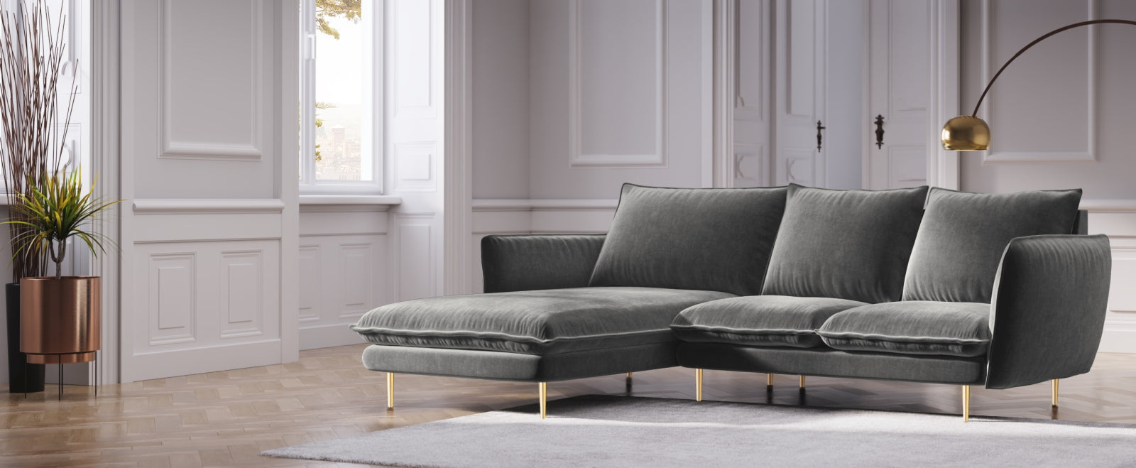 Entdecken Sie das elegante Vienna Velour Ecksofa links 5 Sitzer 170cm von Cosmopolitan Design – stilvoll, komfortabel und ideal für Ihr Wohnzimmer.