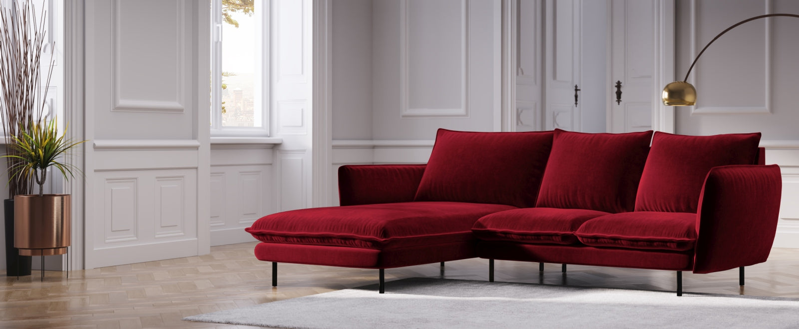 Entdecken Sie das elegante Vienna Velour Ecksofa links 5 Sitzer 170cm von Cosmopolitan Design – stilvoll, komfortabel und perfekt für Ihr Wohnzimmer!