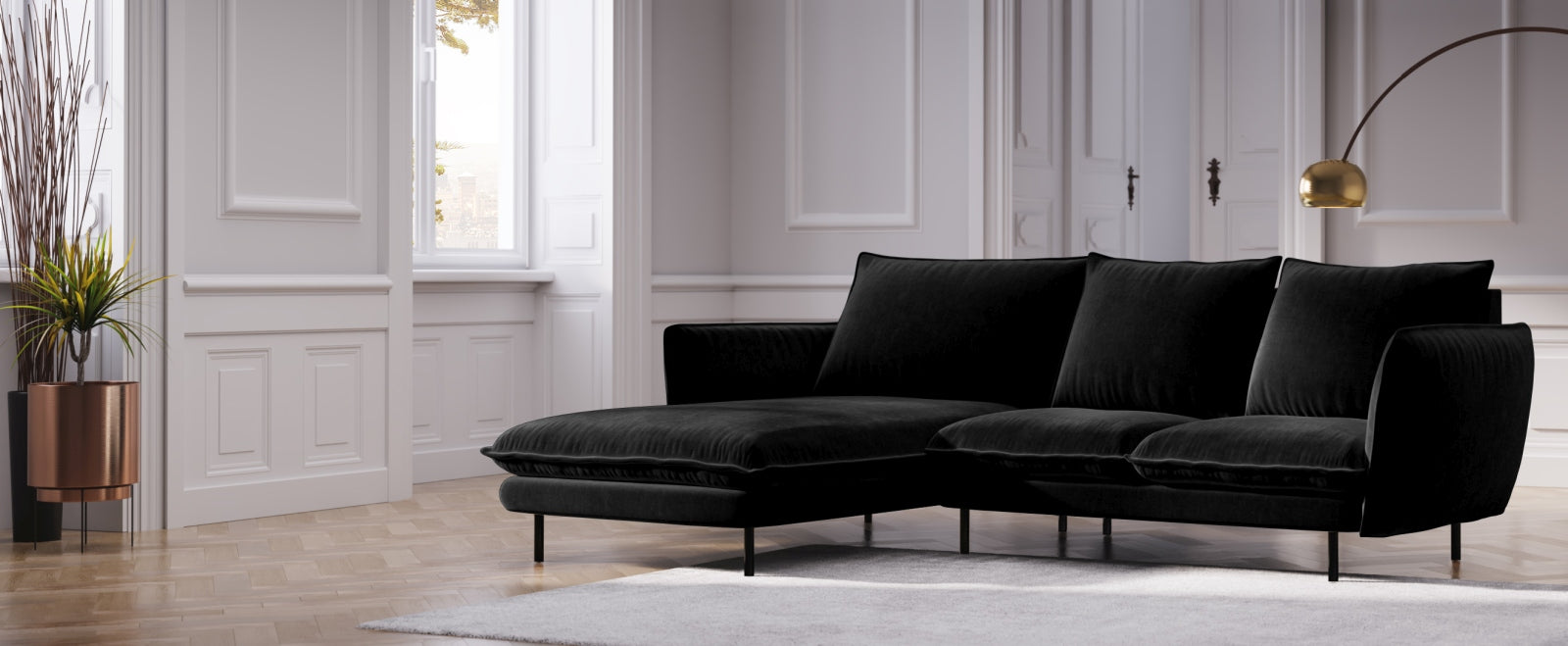 Entdecken Sie das elegante Vienna Velour Ecksofa links 5 Sitzer 170cm von Cosmopolitan Design – stilvoll, komfortabel und perfekt für Ihr Wohnzimmer!