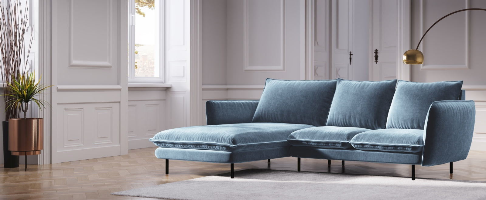 Entdecken Sie das elegante Vienna Velour Ecksofa links 5 Sitzer 170cm von Cosmopolitan Design – stilvoll, komfortabel und perfekt für Ihr Wohnzimmer!