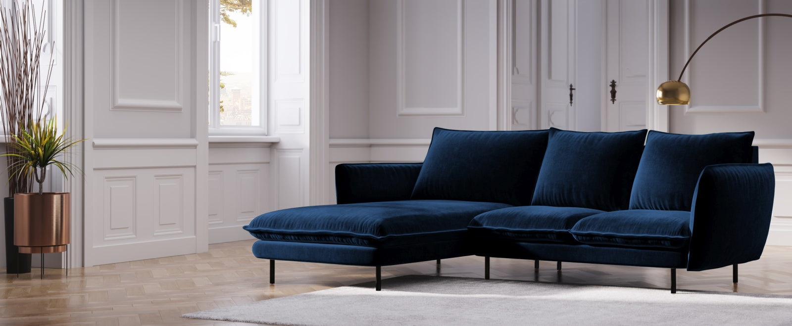 Entdecken Sie das elegante Vienna Velour Ecksofa links 5 Sitzer 170cm von Cosmopolitan Design – stilvoll, komfortabel und perfekt für Ihr Wohnzimmer!