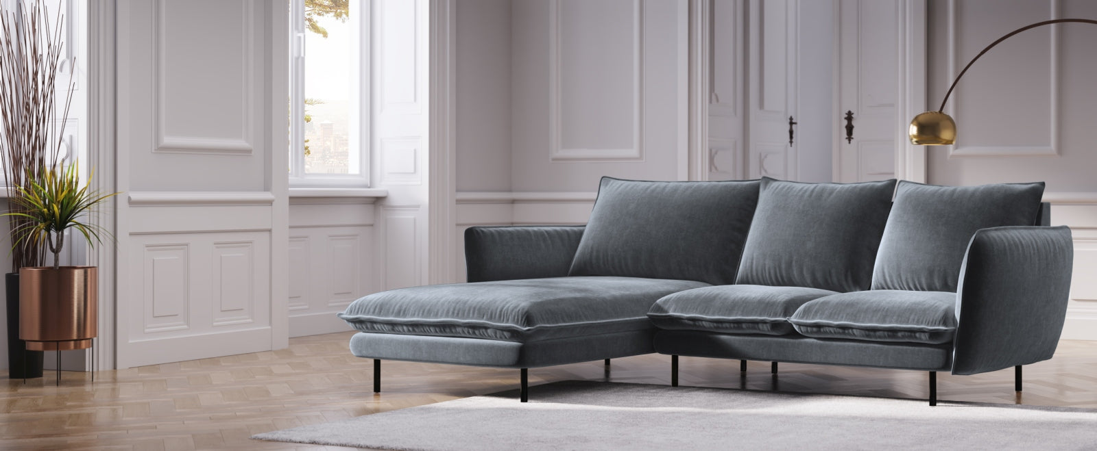 Entdecken Sie das elegante Vienna Velour Ecksofa links 5 Sitzer 170cm von Cosmopolitan Design – stilvoll, komfortabel und perfekt für Ihr Wohnzimmer!