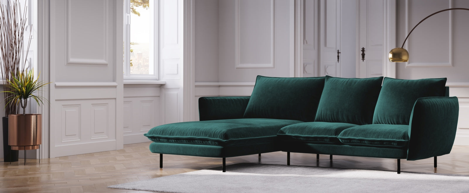 Entdecken Sie das elegante Vienna Velour Ecksofa links 5 Sitzer 170cm von Cosmopolitan Design – stilvoll, komfortabel und perfekt für Ihr Wohnzimmer!