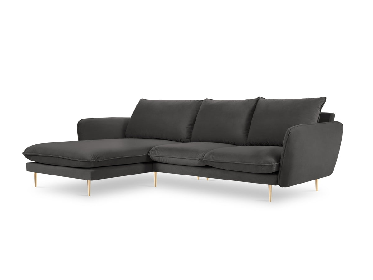 Vienna Velour Ecksofa links 5 Sitzer 170cm in Dark Grey/Gold-Bluvel präsentiert im Onlineshop von KAQTU Design AG. Ecksofa links ist von Cosmopolitan Design