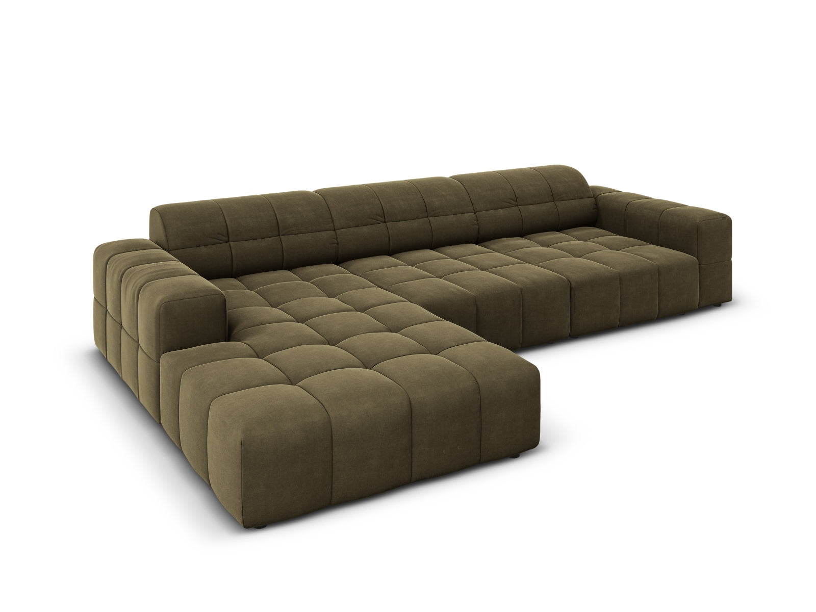 Stylisches Chicago Velour Ecksofa links, 4 Sitzer, 166cm in trendigem Green-Bluvel, perfekt für zeitgemäße Inneneinrichtungen.