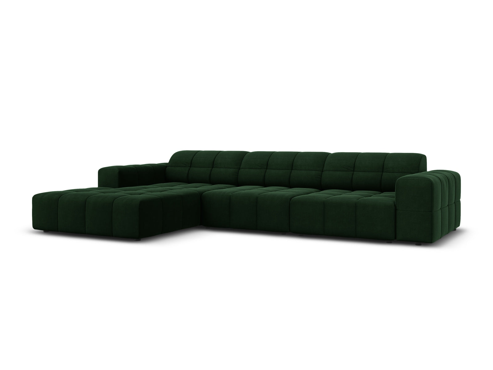 Elegantes Chicago Velour Ecksofa links, 4-Sitzer in Bottle Green-Bluvel, ideal für stilvolle Wohnräume, präsentiert von Cosmopolitan Design.
