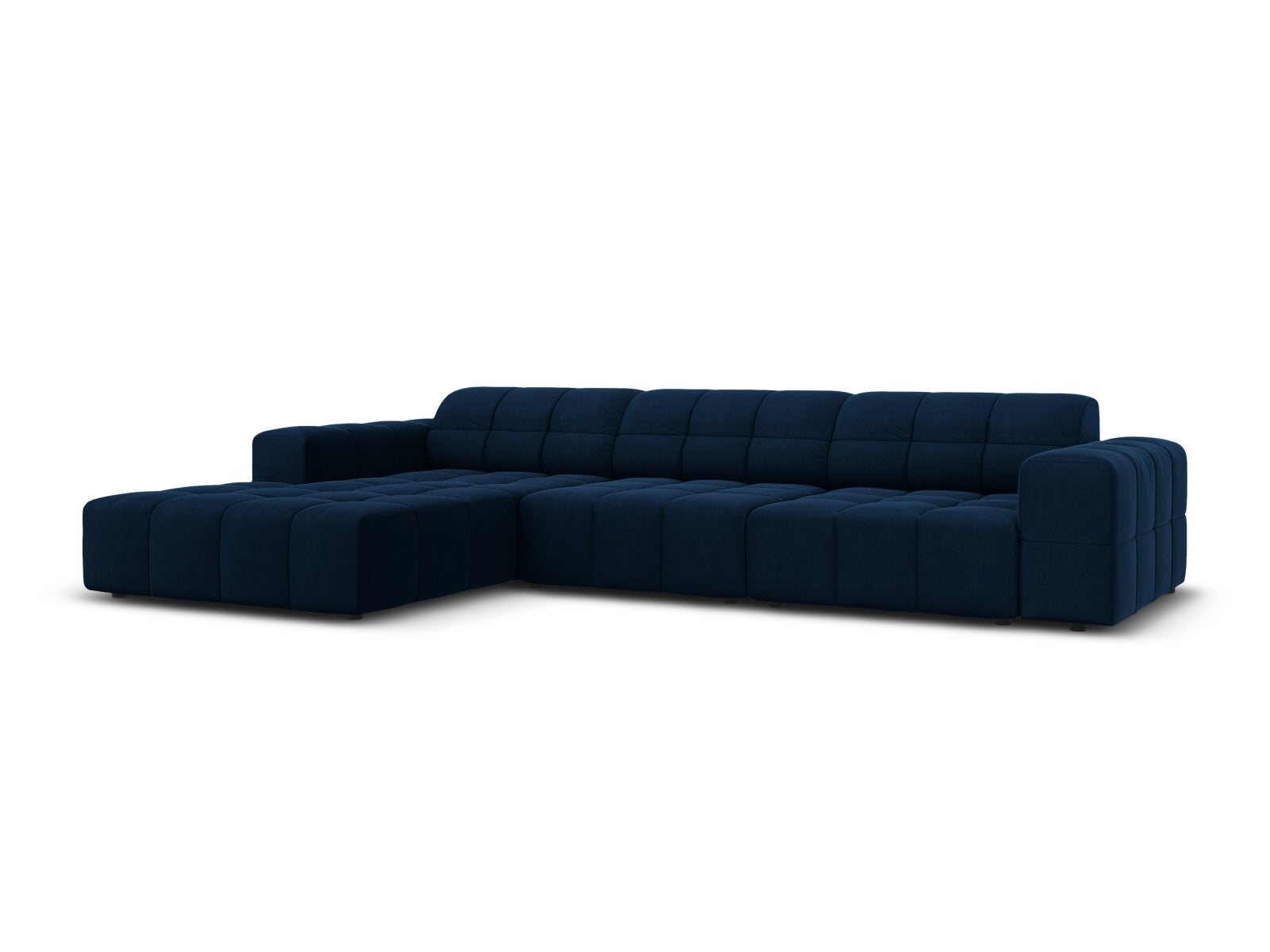 Elegantes Chicago Velour Ecksofa links, 4-Sitzer in Royal Blue, ideal für stilvolle Wohnräume, präsentiert von Cosmopolitan Design.