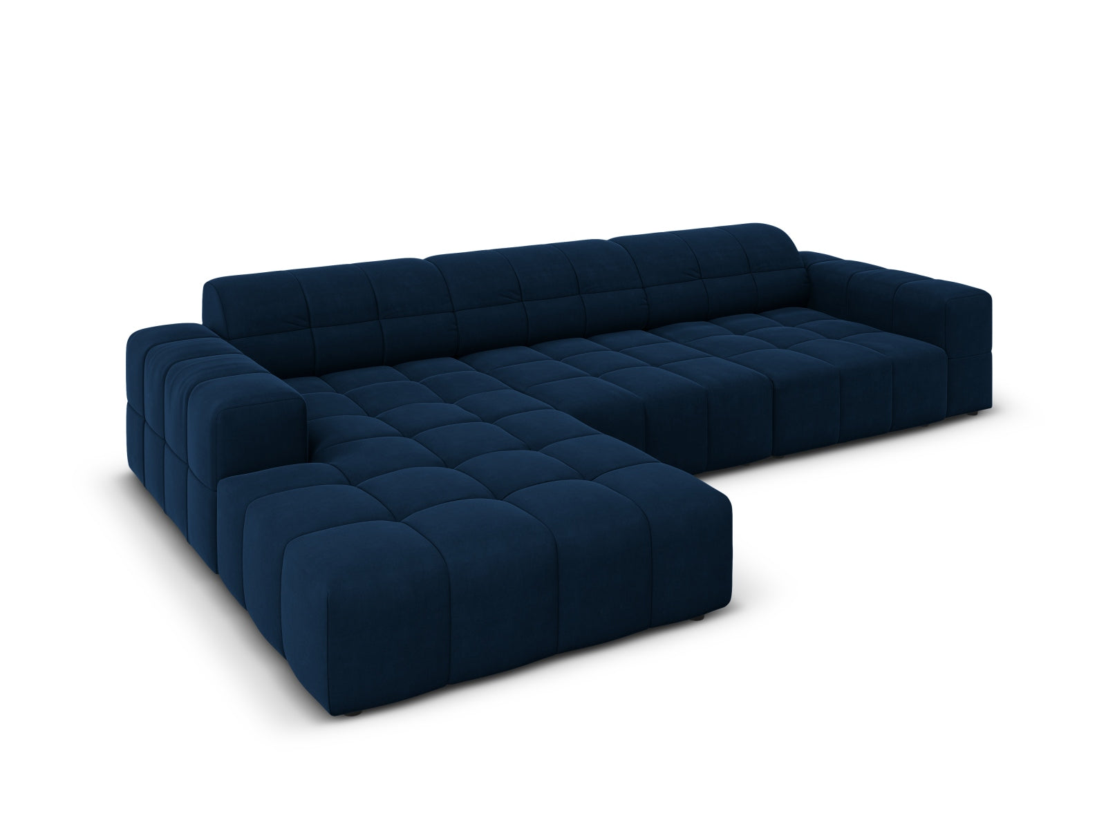 Stylisches 4-Sitzer Ecksofa Chicago in Royal Blue, linksseitig, aus hochwertigem Velours für moderne Wohnkonzepte von Cosmopolitan Design.