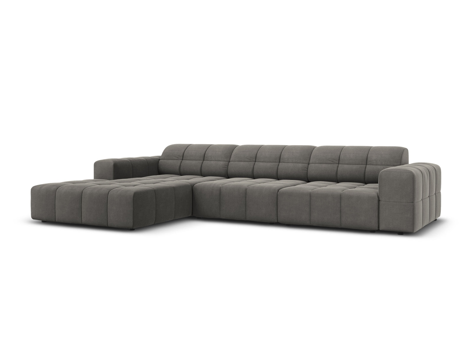 Elegantes Chicago Velour Ecksofa links, 4-Sitzer in Light Grey-Bluvel, ideal für stilvolle Wohnräume, präsentiert von Cosmopolitan Design.
