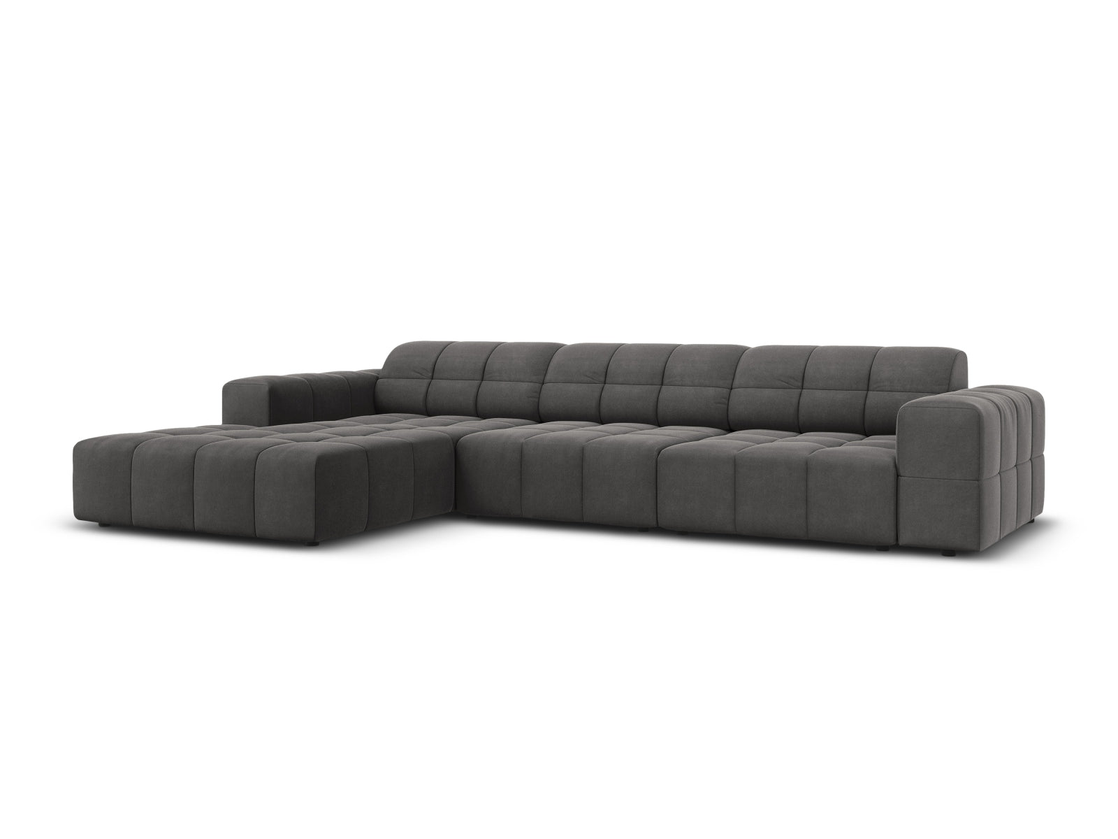 Elegantes Chicago Velour Ecksofa links, 4-Sitzer, 166 cm, in stilvollem Grau-Blau, ideal für moderne Wohnräume.