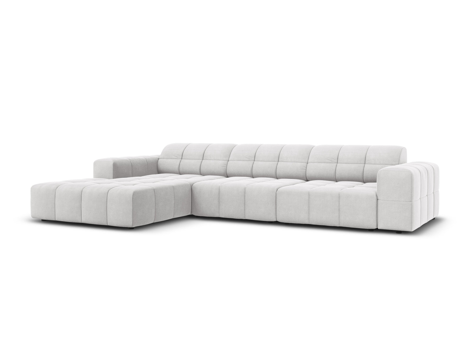 Elegantes Chicago Velour Ecksofa links, 4-Sitzer in Silver-Bluvel, ideal für stilvolle Wohnräume, präsentiert von Cosmopolitan Design.