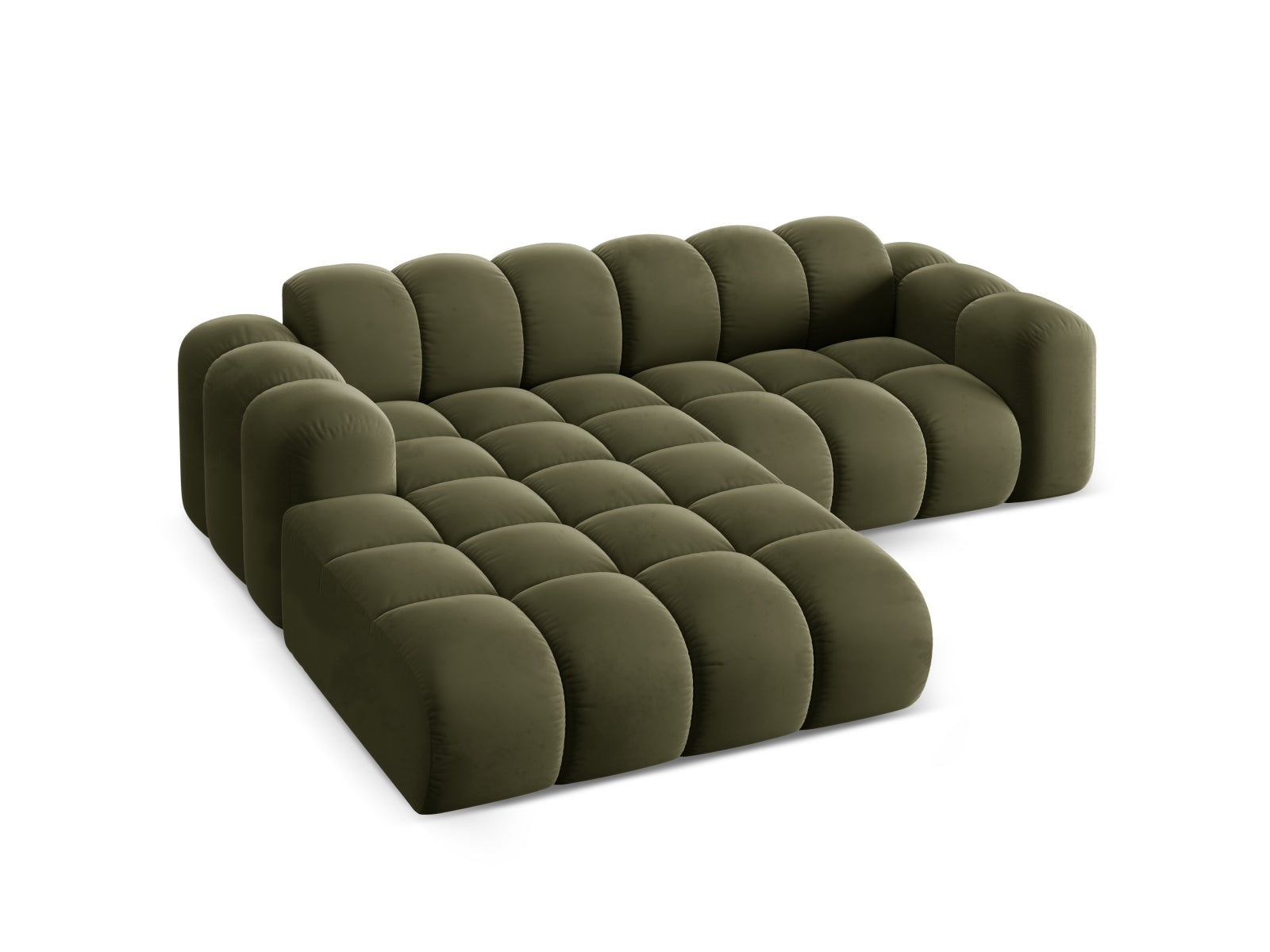 Elegantes 3-Sitzer Ecksofa Treno in trendigem Green-Bluvel, ideal für komfortable und stilvolle Wohnräume.