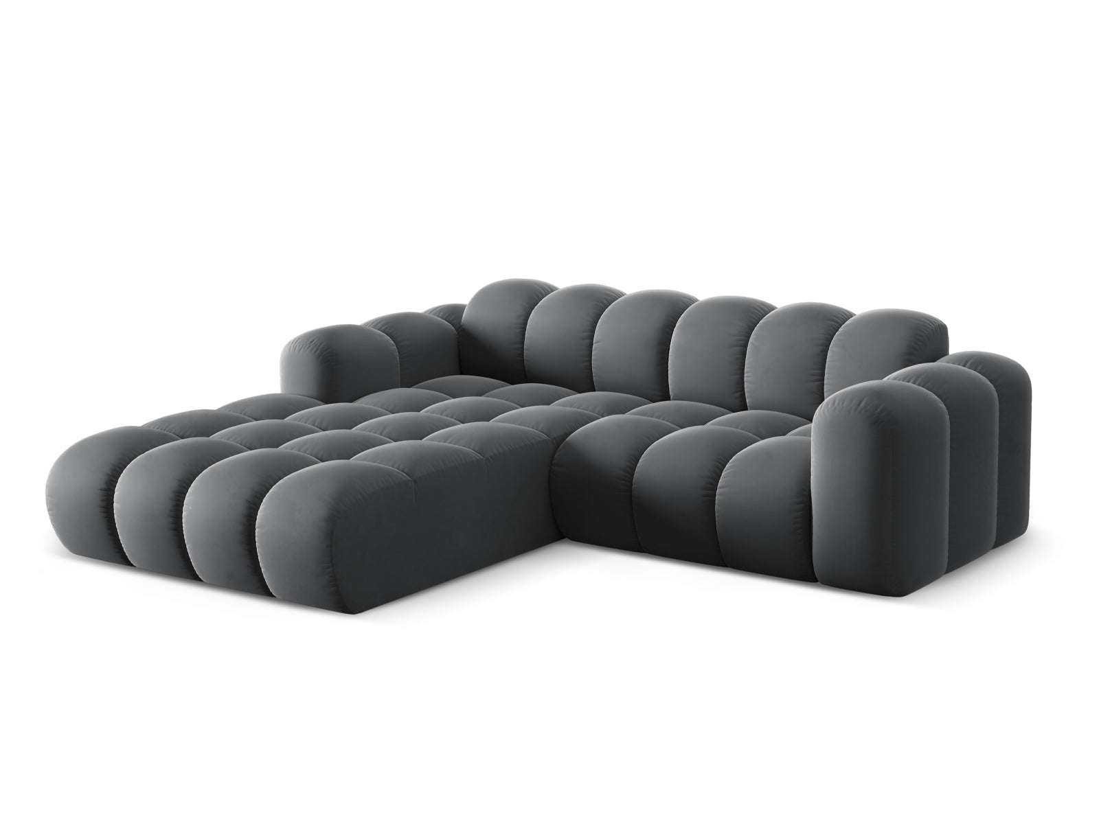 Elegantes 3-Sitzer Ecksofa Treno in Grau-Bluvel, ideal für stilvolle Wohnräume, präsentiert von Cosmopolitan Design.