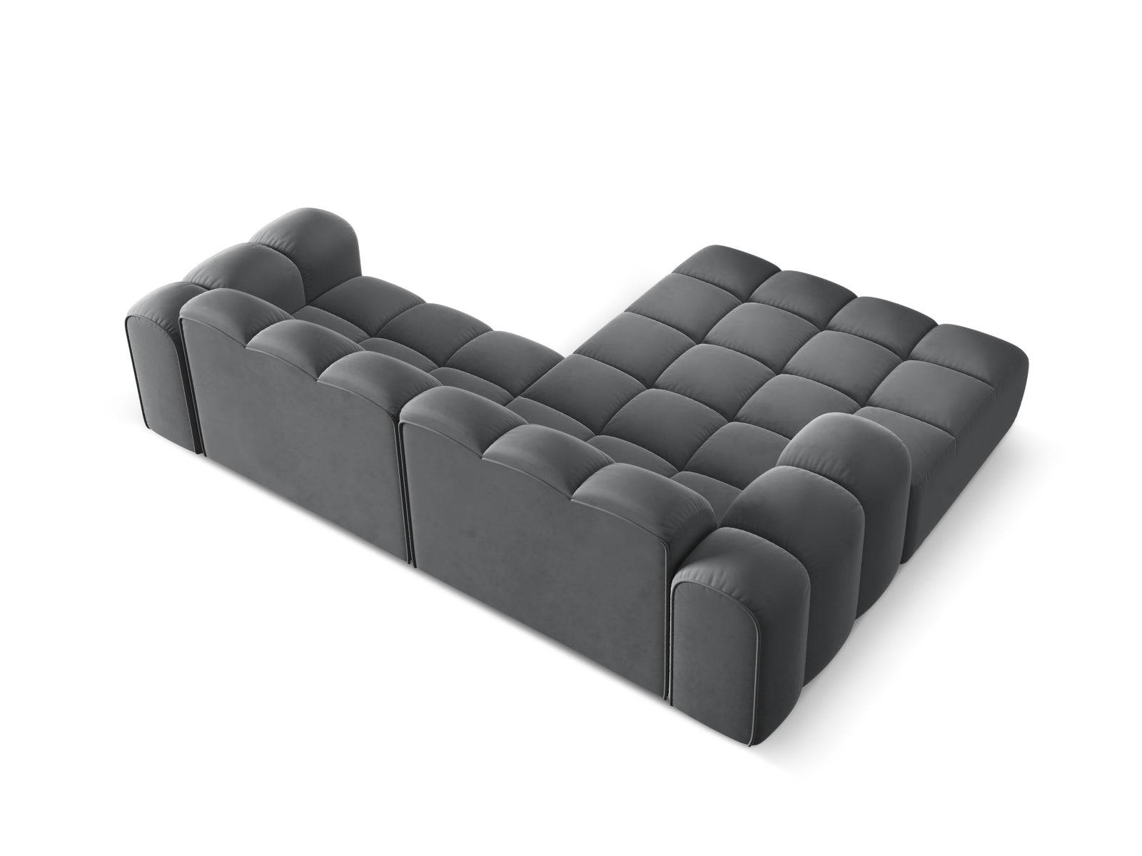 Modernes 3-Sitzer Ecksofa Treno in stilvollem Grau-Bluvel, perfekt für gemütliche Abende und einladende Wohnräume von Cosmopolitan Design.