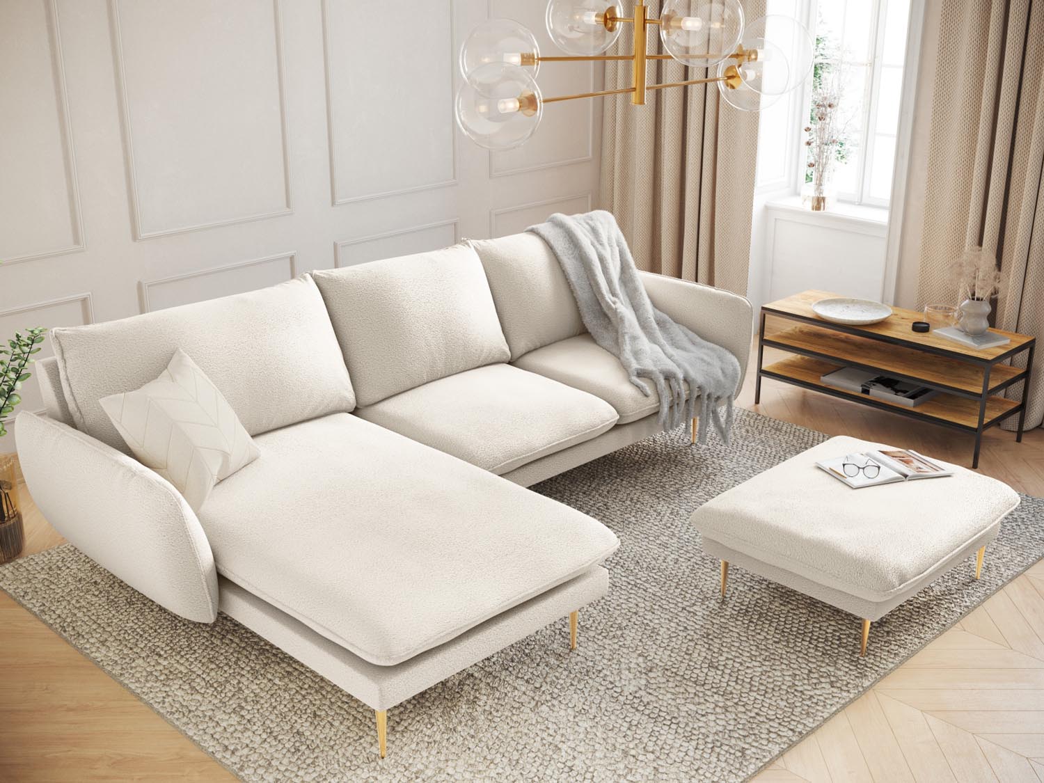 Elegantes Vienna Boucle Ecksofa links, 5 Sitzer, 170cm, in stilvollem Beige mit goldenen Akzenten, ideal für moderne Wohnräume.